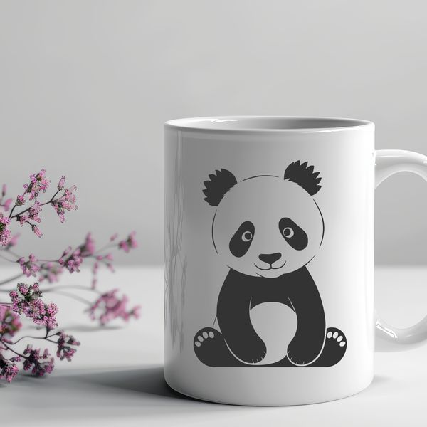 Panda Clip Art in Natural Setting A black-and-white illustration of a panda in a natural habitat, suitable for use as vector art.