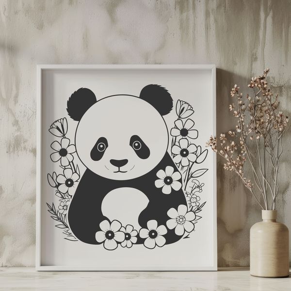 A large black and white panda bear sitting on a branch, surrounded by stylized floral patterns.