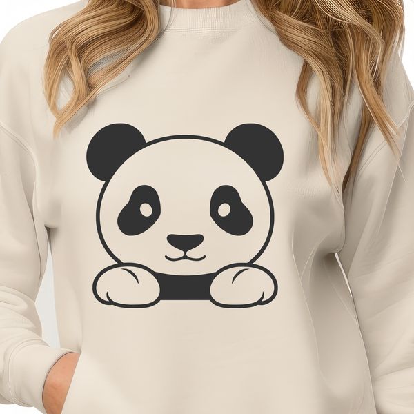 Free Panda Vector Graphic A black and white illustration of a cute panda bear in a natural habitat setting.