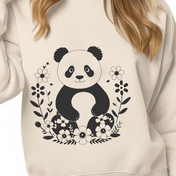 Fluffy Panda in Floral Surrounds A large, fluffy panda bear sitting on a bed of flowers with stems and leaves extending from its body.