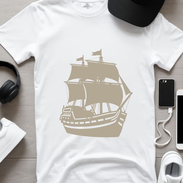 A detailed illustration of a pirate standing on the deck of his ship.