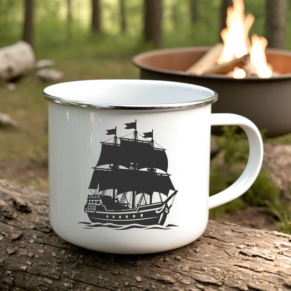 A line art depiction of a pirate with a ship in the background.