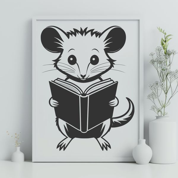 Reading Possum SVG Design A curious wild possum sitting on a rock, reading a book with interest.