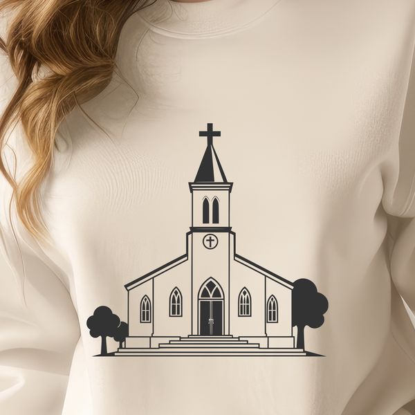 A simple illustration of a Baptist church with a distinctive design.