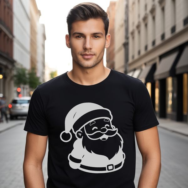 A digital silhouette of Santa Claus in a classic red suit with a white beard and hat.