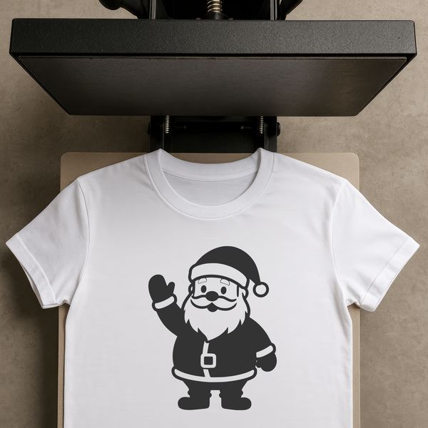 Illustrated silhouette of Father Christmas in a festive holiday scene.