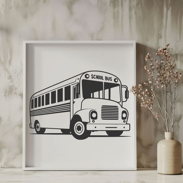 A stylized illustration of a yellow school bus on a blue background.