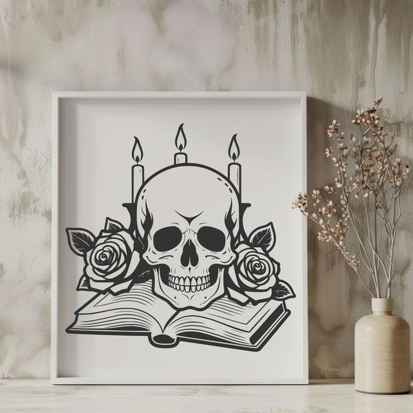 Gothic Skull in Candlelight A detailed illustration of a skull in a Gothic style surrounded by candlelight.