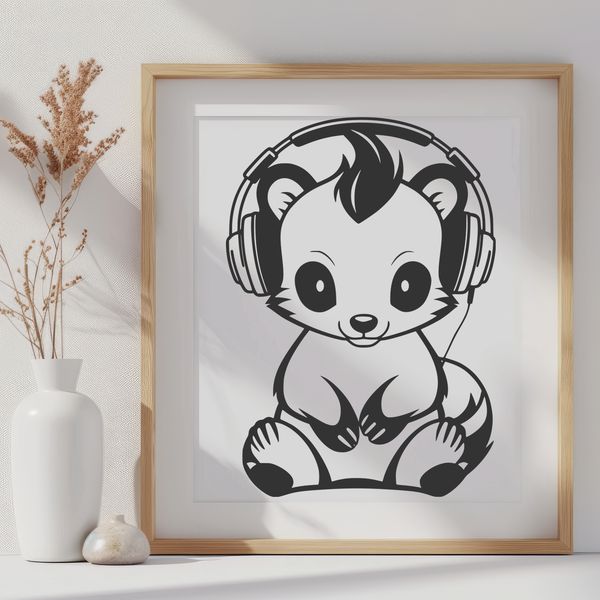 Cartoon Skunk with Headphones A cartoon skunk with headphones wearing a casual expression, suitable for various uses including personal projects.