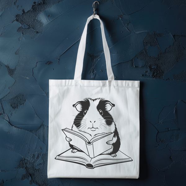 A cartoon guinea pig sitting on a cushion, holding a book in its paws, suitable for use as vector graphics or clip art.