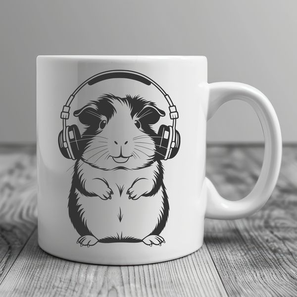Cuddly Guinea Pig in Headphones An adorable guinea pig standing on hind legs, wearing headphones.