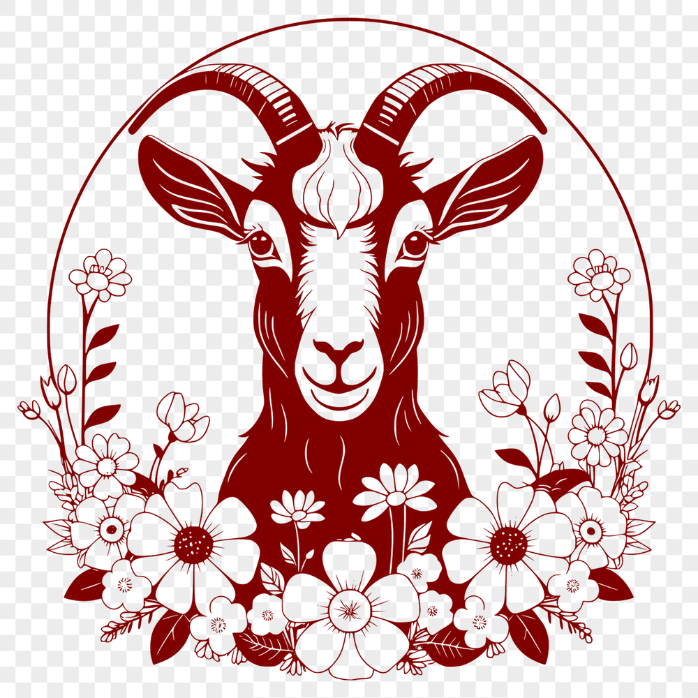 Goat in Floral Arrangement A graphic illustration of a goat in a floral setting, suitable for vector design.