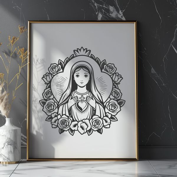 Beautiful SVG Heart Clip Art Design A stylized illustration of the Immaculate Heart with floral elements, suitable for various designs and crafts.