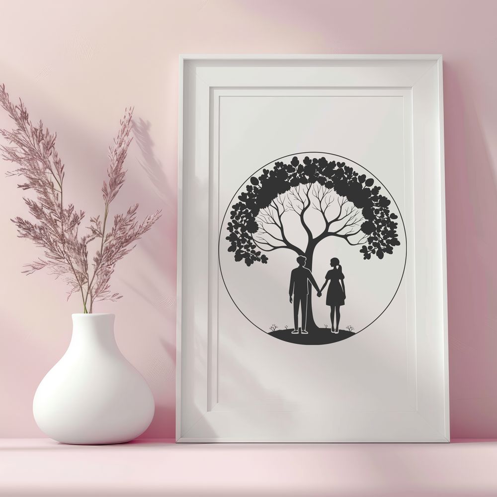 Tree of Eternal Love SVG An elegant design featuring a tree with leaves and roots entwined in a loving gesture.