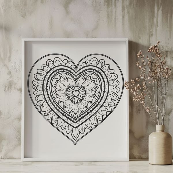 A intricate heart-shaped mandala design made from interconnected geometric patterns.
