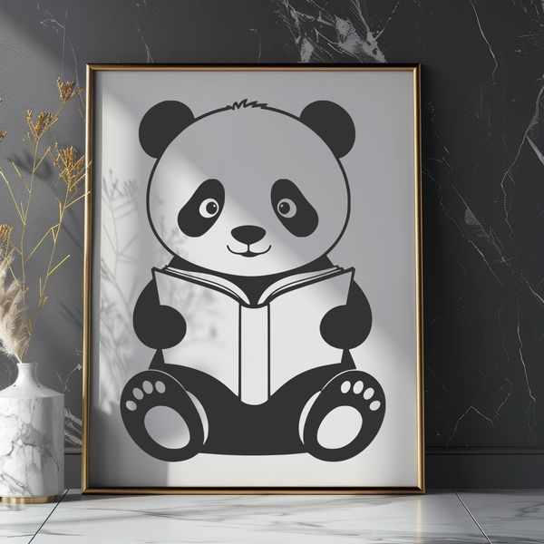 Panda in the Forest Reading a Book A cute Asian giant panda sitting on the forest floor with a book in its paws, surrounded by bamboo.