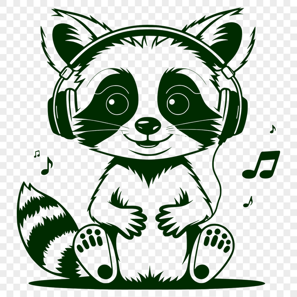 Adorable Masked Bandit Silhouette A raccoon silhouette wearing headphones in a digital vector format.