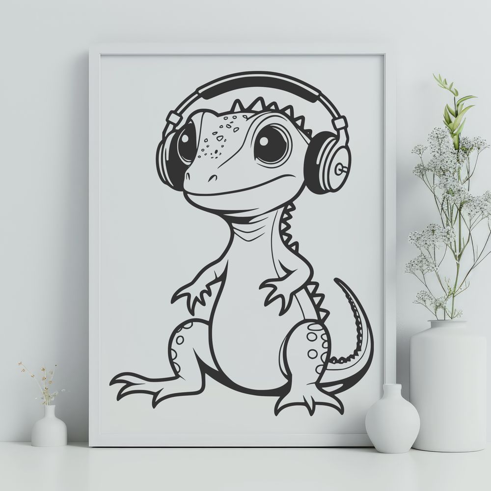Vibrant Reptile Silhouette A colorful illustration of a reptile wearing headphones.