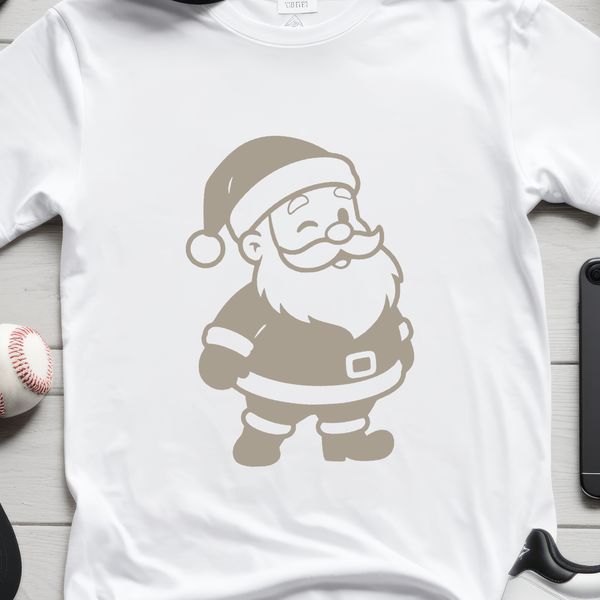 An outline design of Father Christmas in white and black silhouette style.