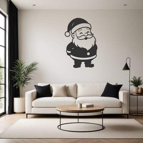 An outline image of Father Christmas dressed in traditional attire holding a sack and smiling.