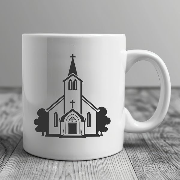 A stylized illustration of a traditional Baptist church building with distinctive architectural features.
