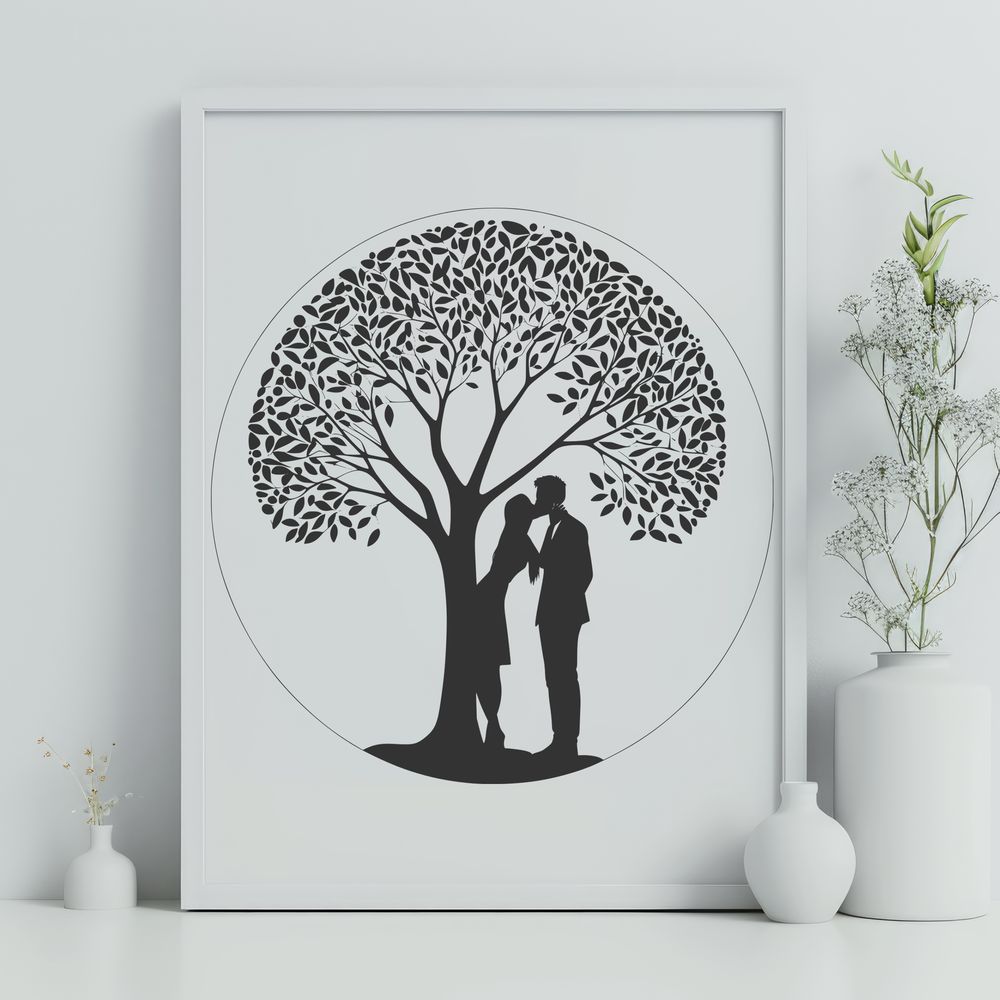 Whimsical Tree with Embracing Branches Illustrative tree design featuring intertwined lovers embracing in its branches.