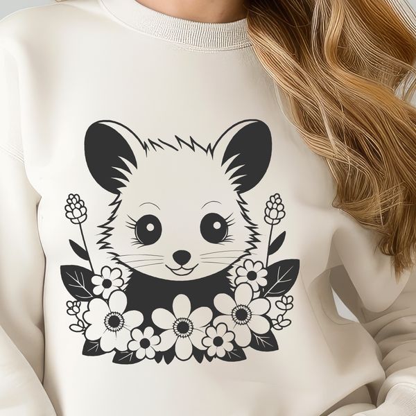 A colorful illustration of a possum surrounded by floral elements, suitable for vector graphics.