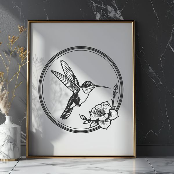Vibrant Hummingbird in Floral Bloom An SVG vector art design featuring a detailed hummingbird amidst blooming flowers.