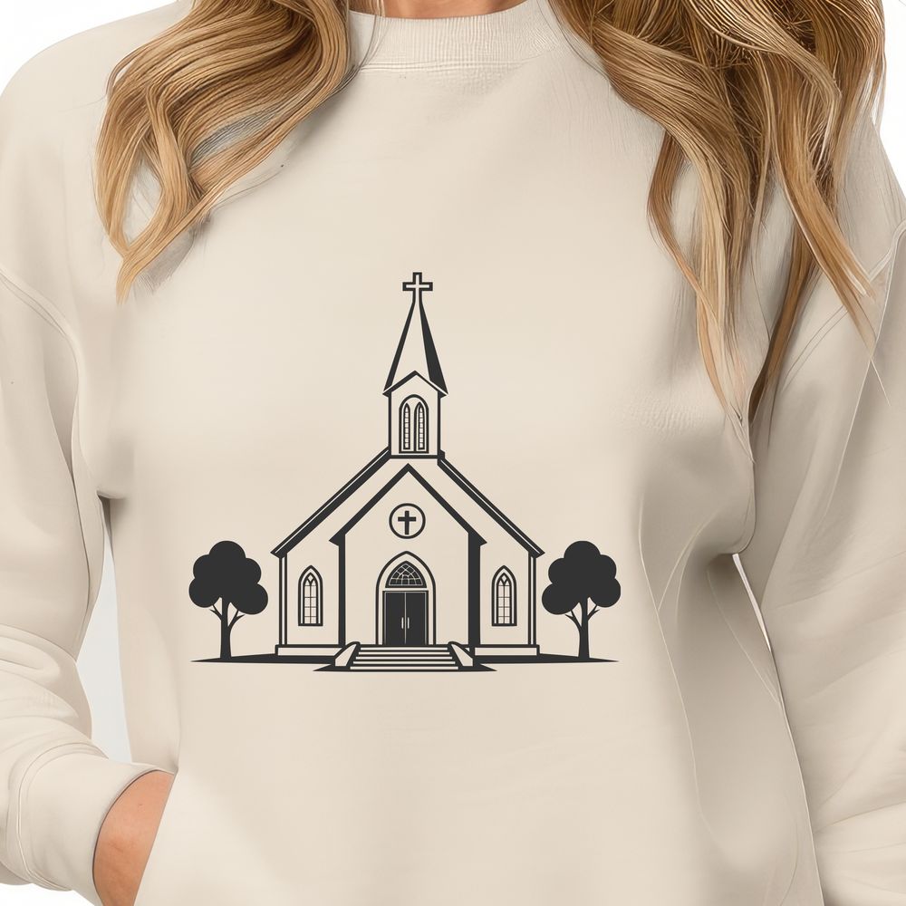 Simplified Baptist Church Design A simplified illustration of a traditional Baptist church with a steepled roof and symmetrical façade.