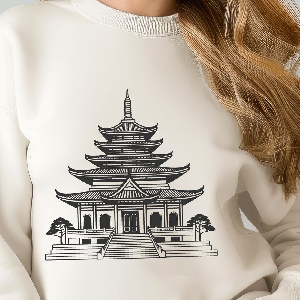Hand-Drawn Buddhist Temple Design SVG A detailed, hand-drawn illustration of a traditional Asian-style temple with intricate architecture and ornate details.