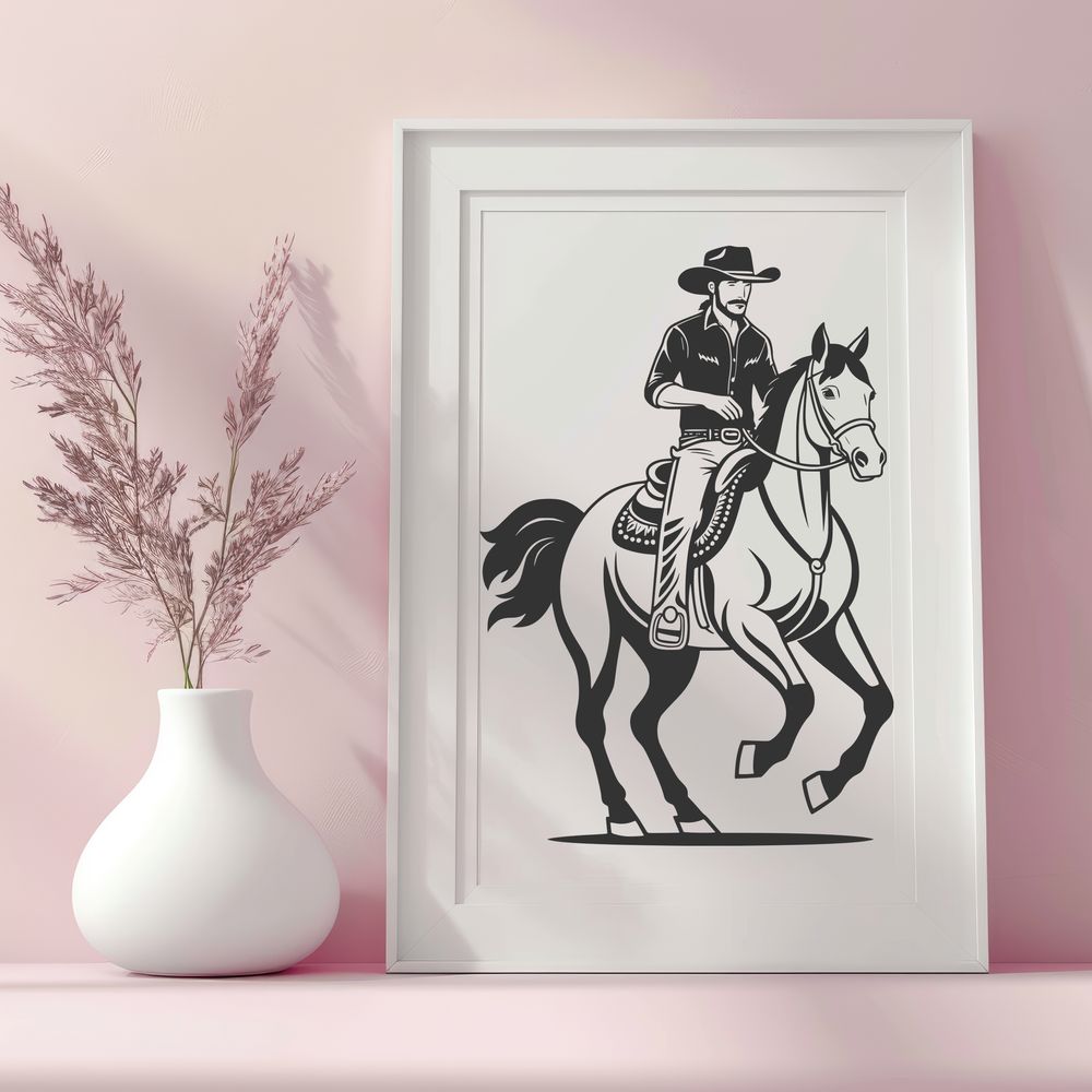 Riding the West: A Free Vector Cowboy Design A digital illustration of a cowboy riding a horse, suitable for vector design and cutting machine projects.