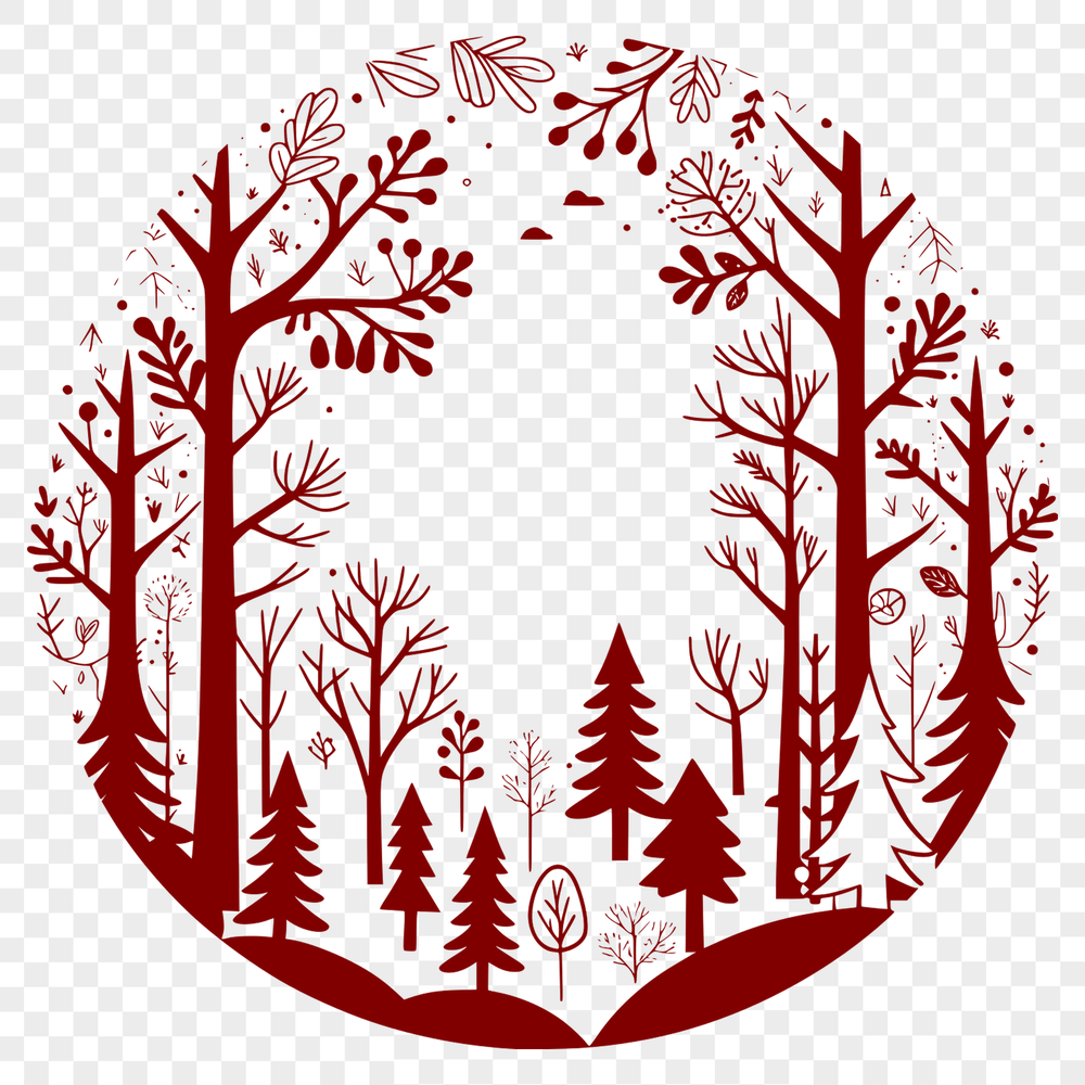 An SVG vector graphic design featuring a serene forest environment with multiple tree types and natural elements.