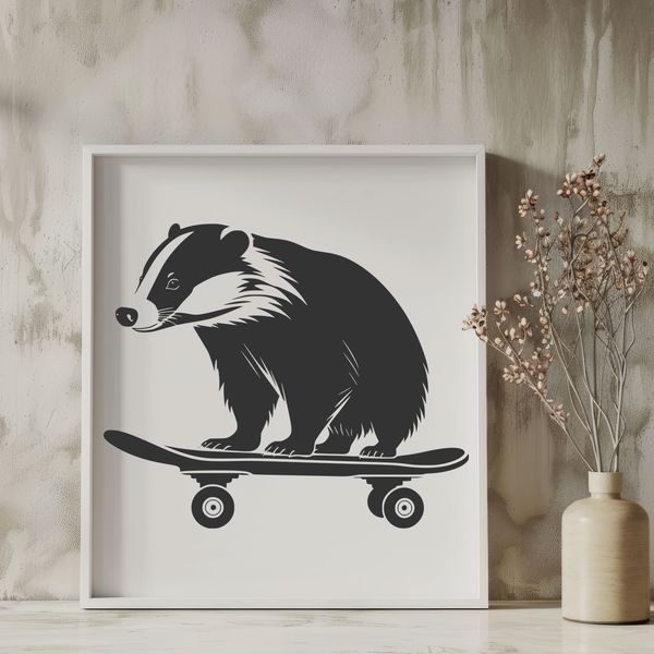 A simple illustration of a badger standing on its hind legs with an added skateboard element.