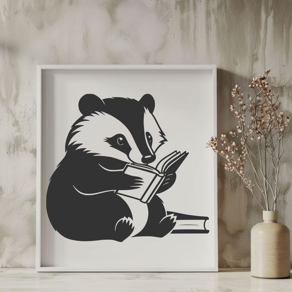 Curious Badger Reading Delight A vector illustration of a badger sitting on its haunches with a book in front of it, showcasing the animal's curious nature.
