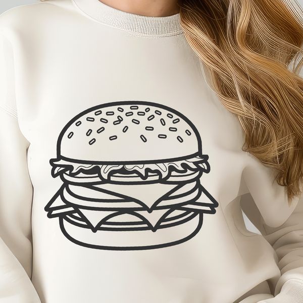 Free Graphic Hamburger Illustration A graphic representation of a classic hamburger with bun, patty, lettuce, tomato, and cheese.