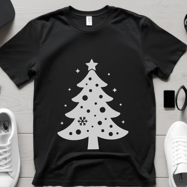 A minimalist illustration of a Christmas tree with green branches and ornaments in various shapes and sizes.