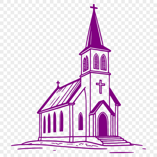 Elegant Church Illustration A simple illustration of a church with a tall steeple and arched windows, suitable for various graphic designs.
