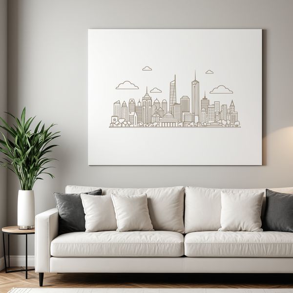 Modern Cityscape Vector Illustration A detailed illustration of a city skyline with various buildings and skyscrapers set against a clear blue sky.