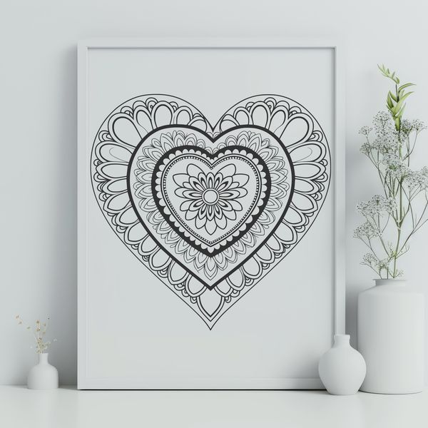 A colorful, intricate mandala design featuring a heart shape, suitable for digital applications and cutting machines.
