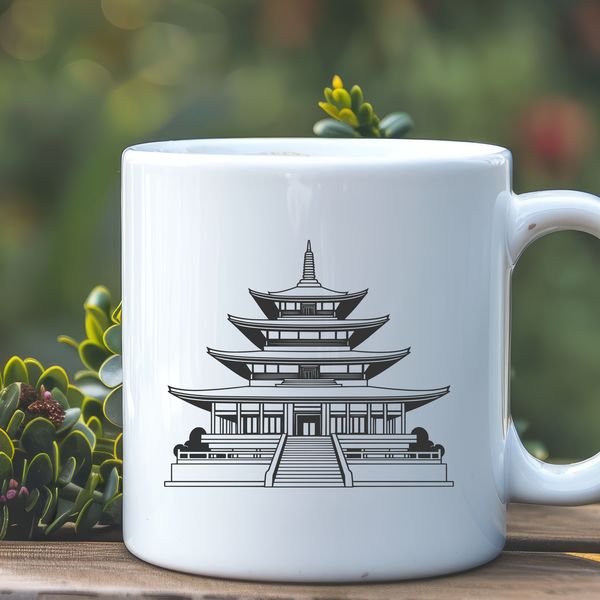 Ancient Buddhist Architecture A detailed illustration of a traditional Buddhist temple architecture with intricate carvings.