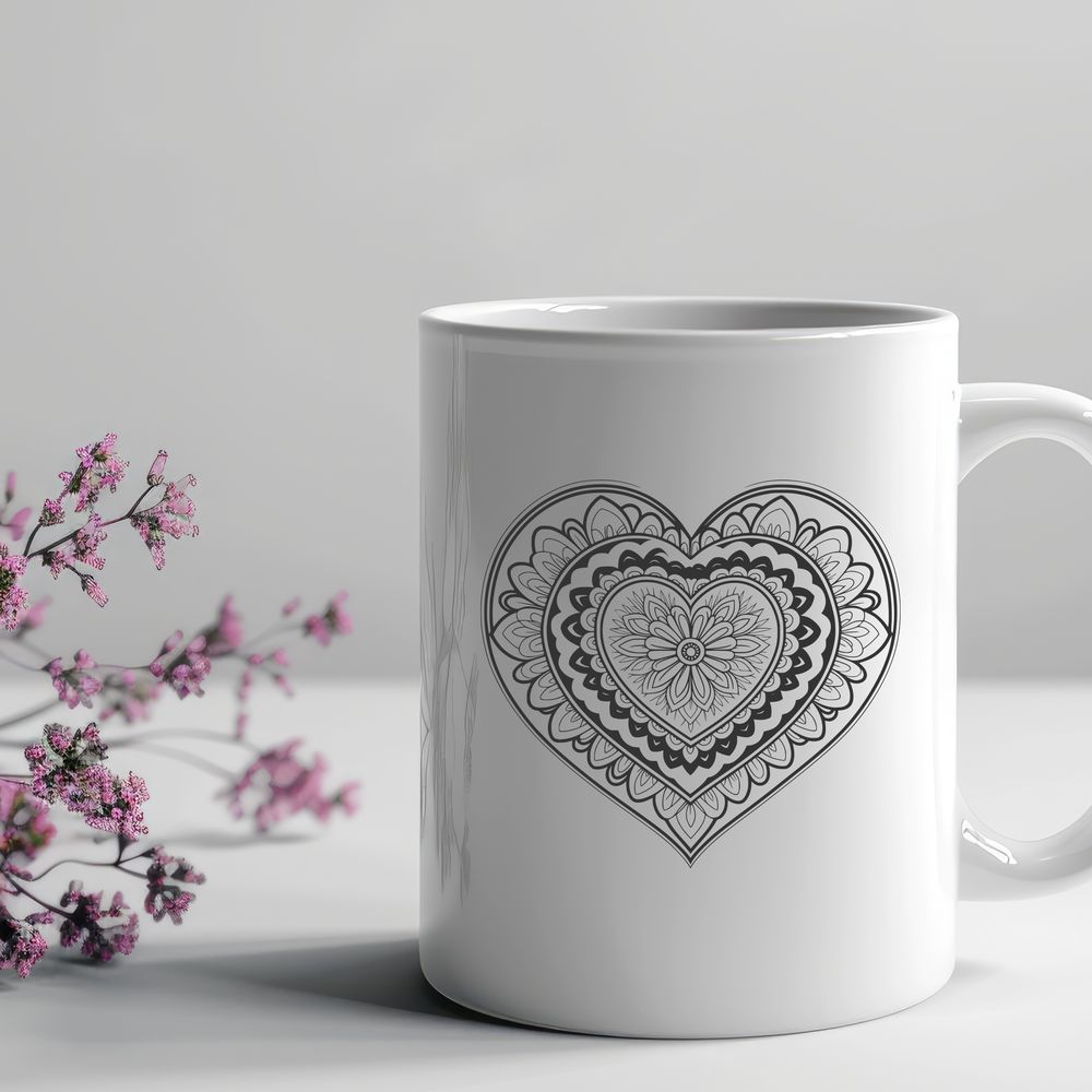 Geometric Floral Heart Design A intricately designed mandala heart pattern made up of floral and geometric shapes.
