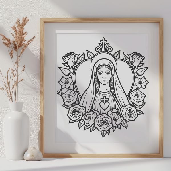 A stylized illustration of the Immaculate Heart, featuring floral elements.