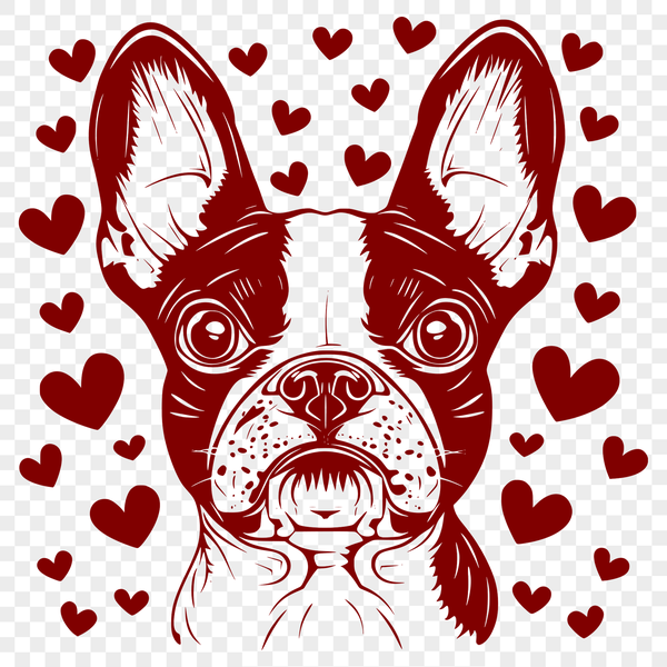 Love-Struck Pup SVG Vector Art A stylized illustration of a Boston Terrier's head surrounded by love hearts.