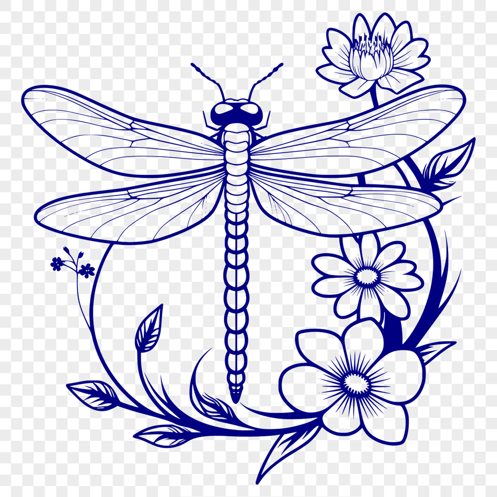 Dragonfly Illustration with Floral Patterns A stylized digital illustration of a dragonfly in flight, featuring delicate floral patterns on its wings.