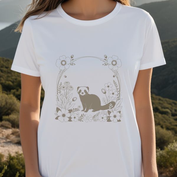 Whimsical Ferret Silhouette in Floral Setting A cute ferret standing on its hind legs amidst a simple floral pattern.