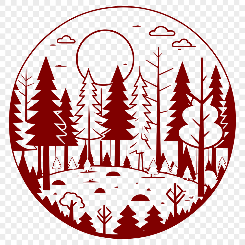 Detailed Tree Silhouette Art A detailed illustration of a dense forest with tall trees and lush foliage.