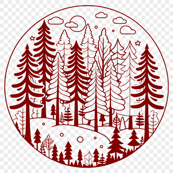 Whimsical Woodland Landscape Illustrated forest landscape with trees and foliage in vector format.