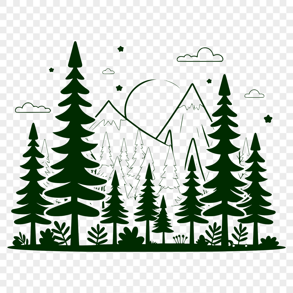 Forest Floor Illustration in Vector Format A detailed illustration of a forest landscape with various trees in the background.