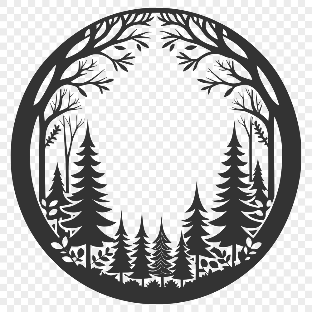 An intricate vector design featuring a dense forest with tall trees and undergrowth.