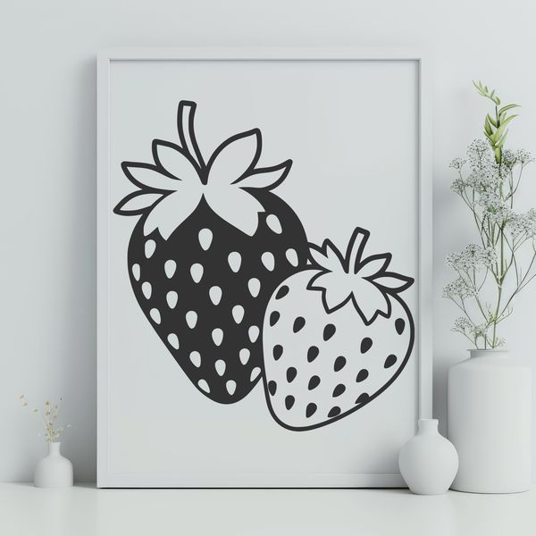 Beautiful Fruit Graphic Design A digital illustration of a ripe strawberry with green leaves.